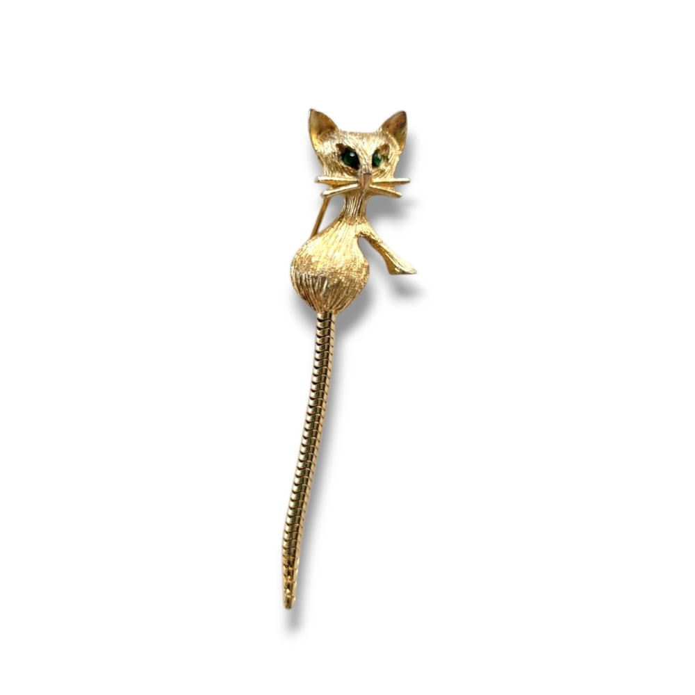 VTG Cute Green Eyed Gold Tone Movable Cat Brooch - Picture 2 of 6